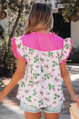 image-Pink Striped Strawberry Blouse - V Neck Flutter Sleeve
