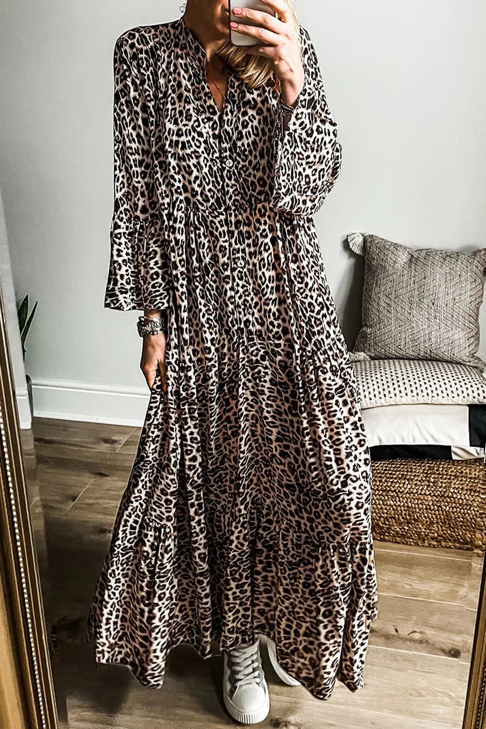 image-Leopard Print Tiered Maxi Dress - Wide Sleeves - Elegant & Stylish - Sizes S-XL