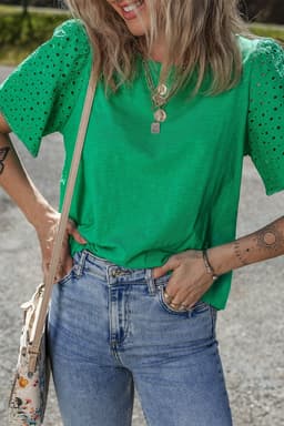 image-Bright Green Eyelet Embroidered Patchwork Shift Top