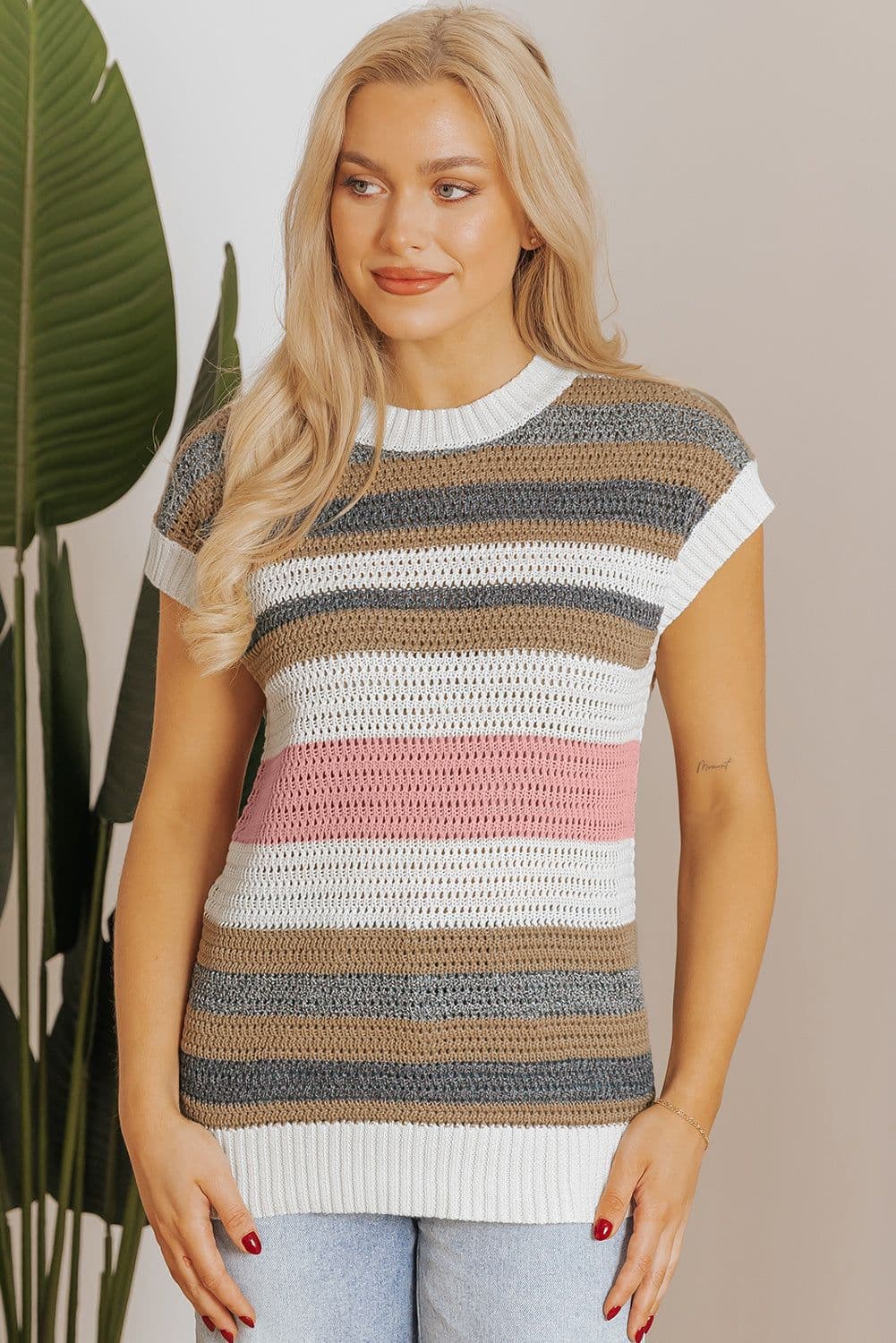 image-Striped Color Block Eyelet Knit Short Sleeve Tee - Pink