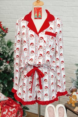 image-White Santa & Stripes Ruffle PJ Set