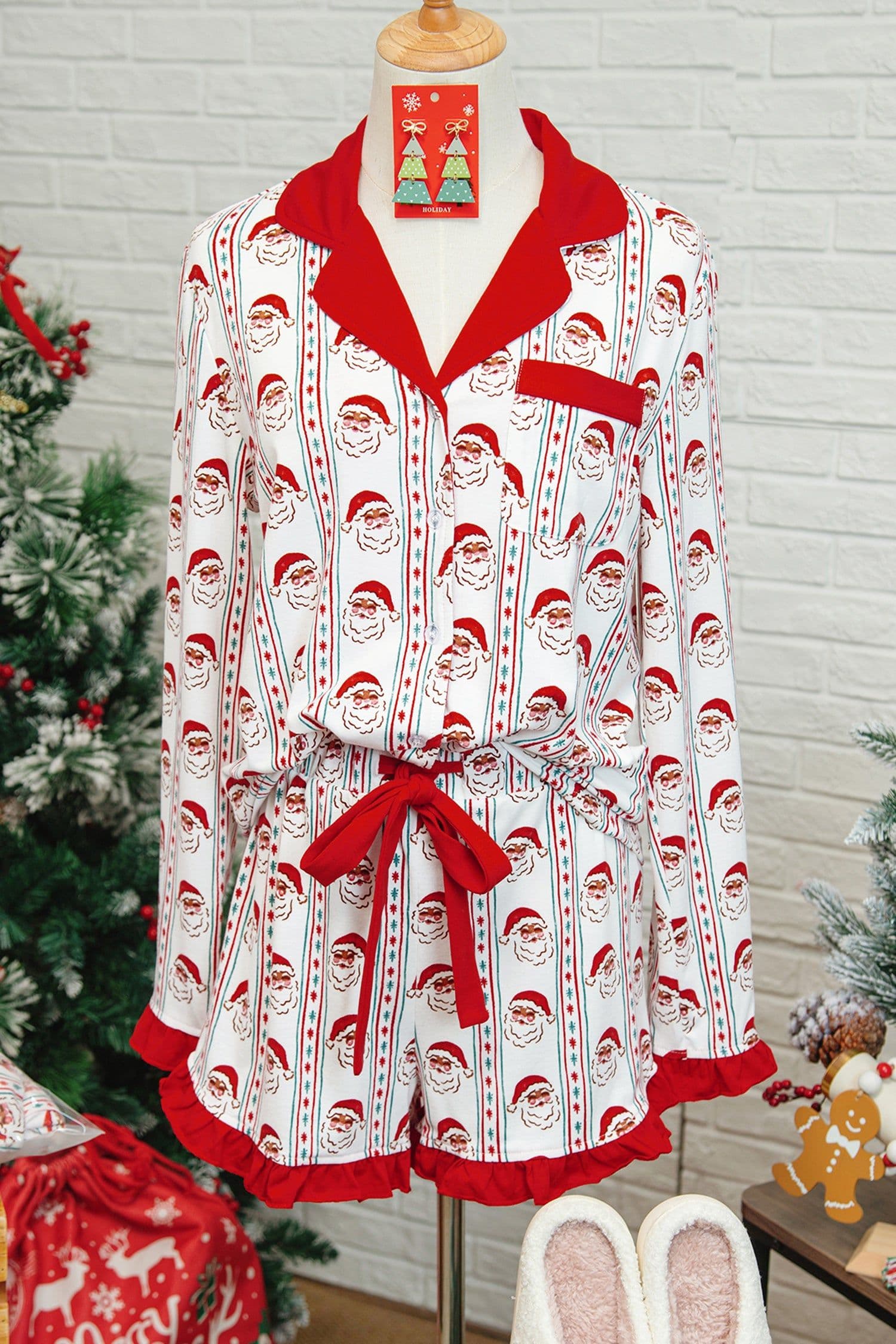 image-White Santa & Stripes Ruffle PJ Set