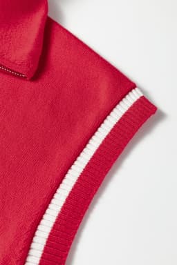 image-Fiery Red Quarter Zip Striped Detail Short Sleeve Sweater