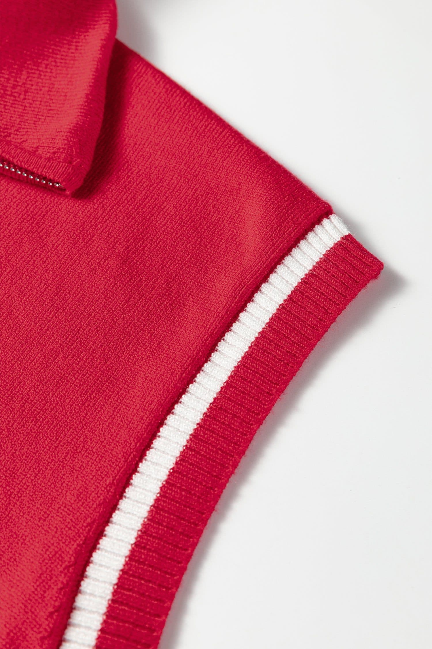 image-Fiery Red Quarter Zip Striped Detail Short Sleeve Sweater
