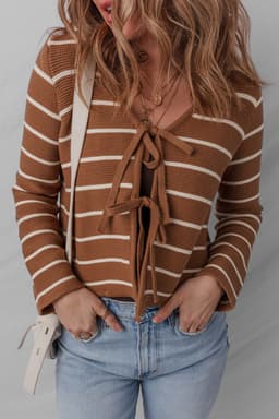 image-Chestnut Tie Front Striped Knit Cardigan V Neck
