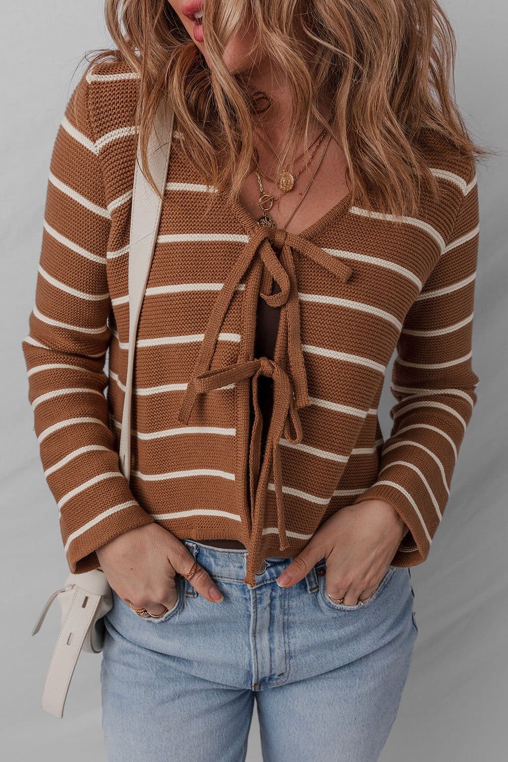 image-Chestnut Tie Front Striped Knit Cardigan V Neck