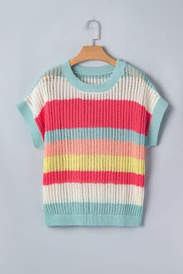 image-Green Stripe Color Block Hollow Out Knit Short Sleeve Sweater