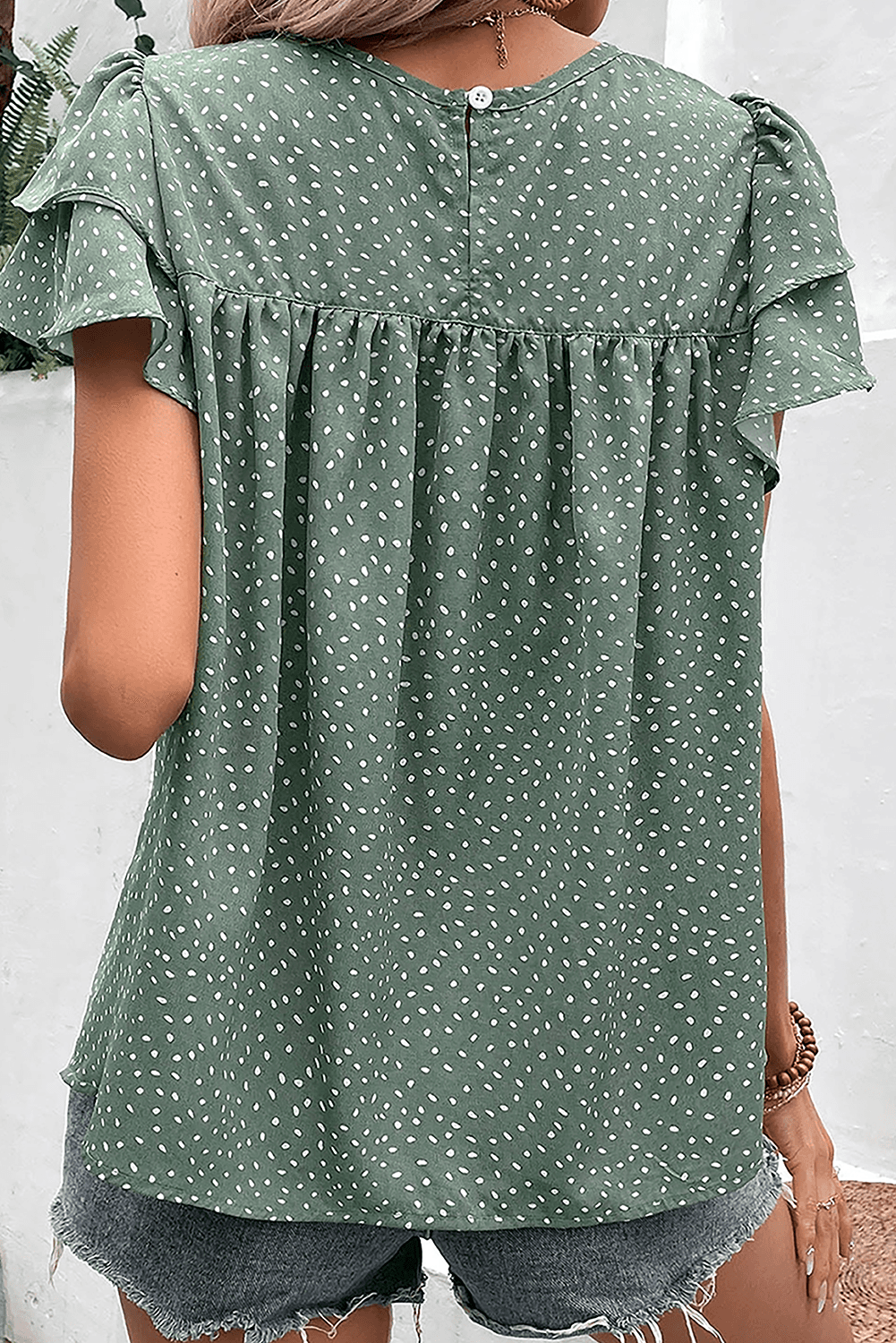 image-Green Dotted Ruffle Sleeve Crew Neck Blouse