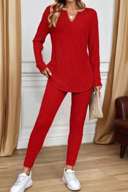 image-Racing Red Ribbed Notched Neck Knit Long Sleeve Leggings Two Pieces Lounge Set