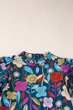 image-Floral Blouse - Green Trimmed Ruffle Sleeves Summer Top - Sizes Available