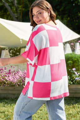 image-Plus Size Checkerboard Textured T-Shirt - White Round Neck