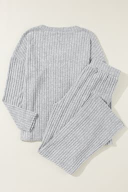 image-Ribbed Knit V Neck Slouchy Two-Piece Outfit - Khaki Modern Chic