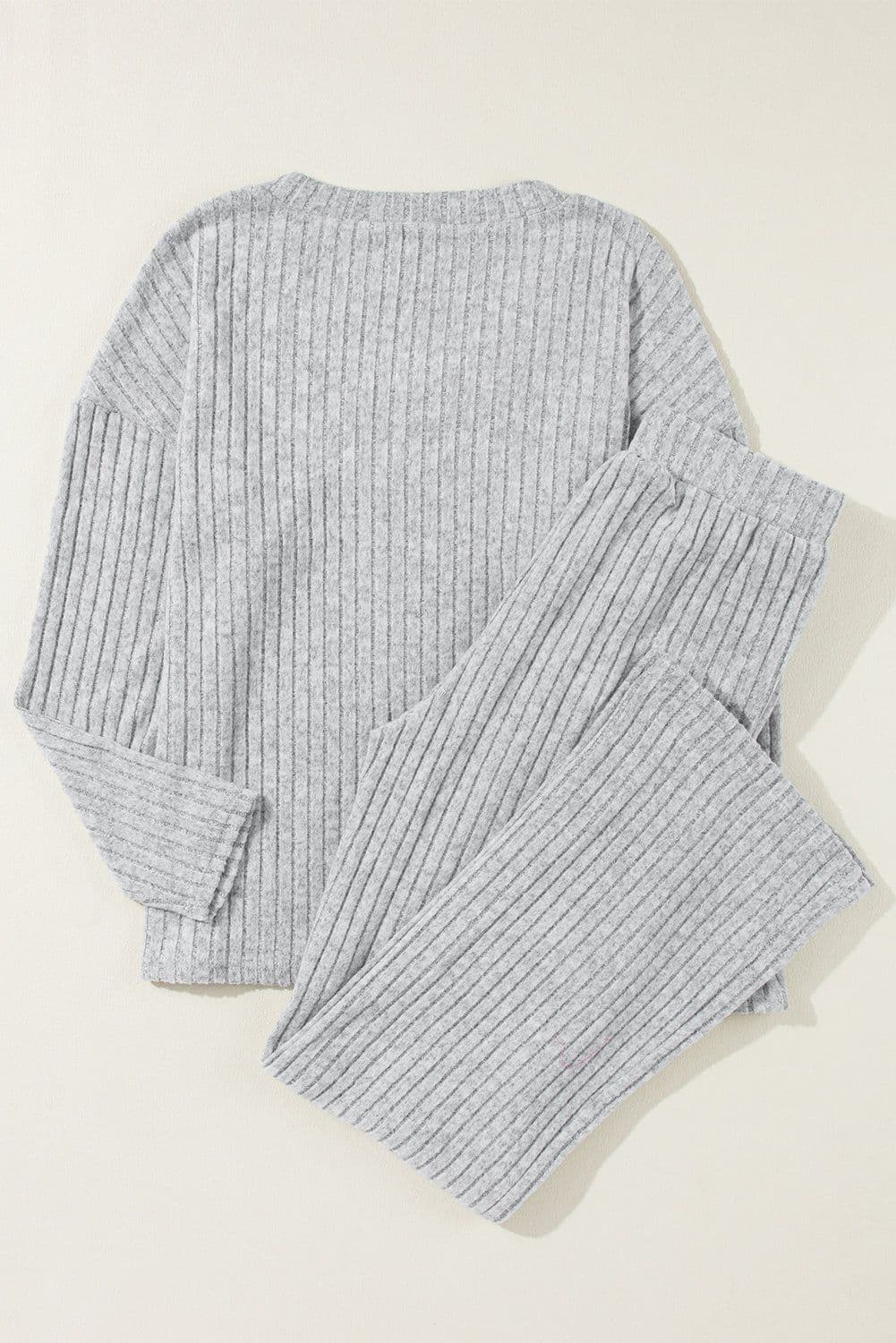image-Ribbed Knit V Neck Slouchy Two-Piece Outfit - Khaki Modern Chic