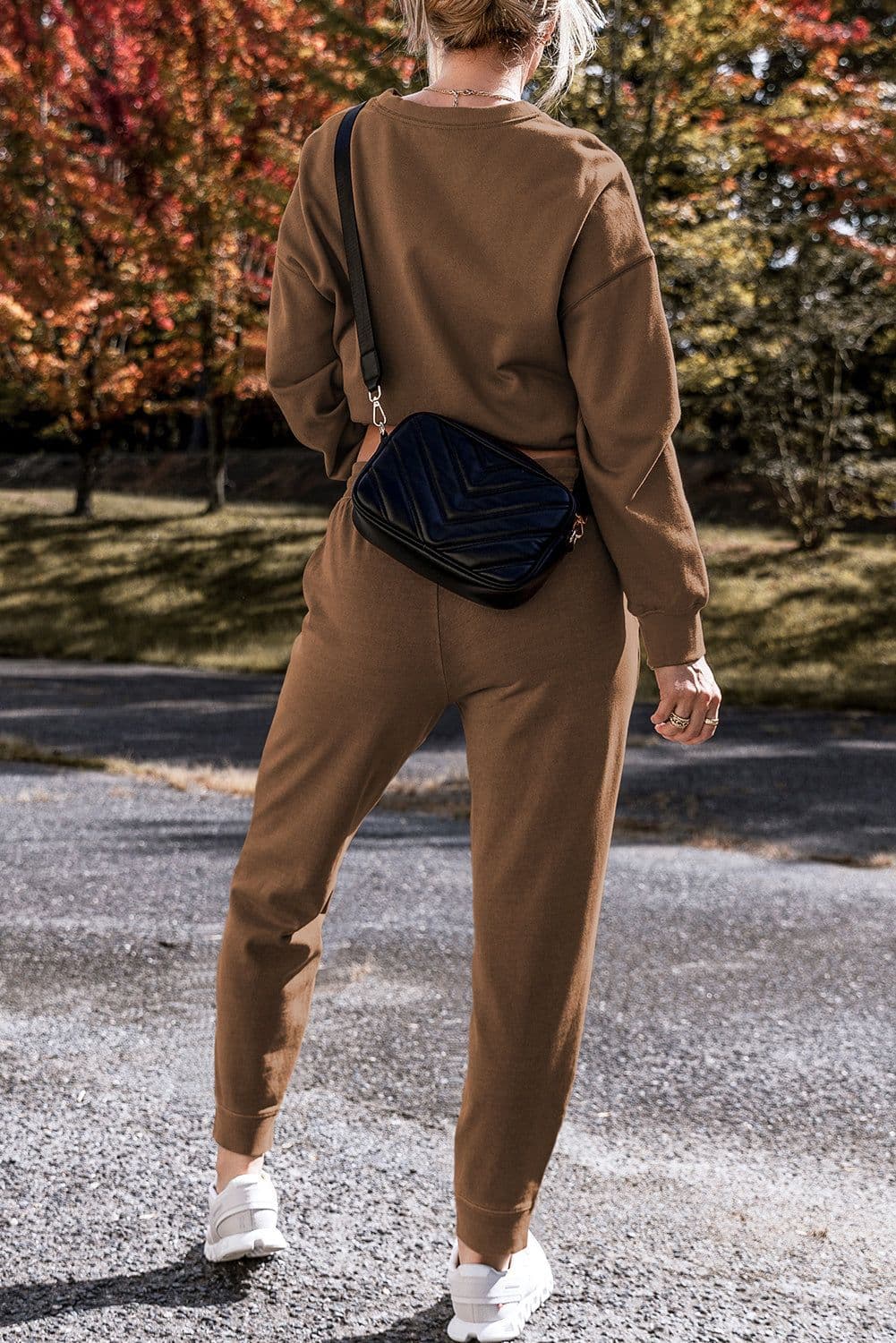 image-Coffee Solid Color High Low Pullover and Skinny Pants Set