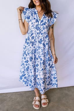 image-Blue Ruffled Short Sleeve Tiered Floral Midi Dress