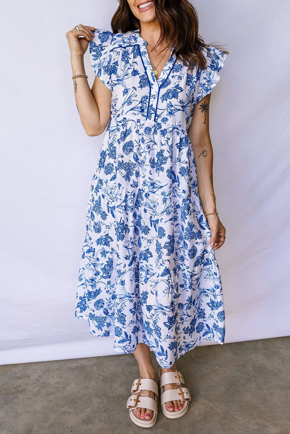 image-Blue Ruffled Short Sleeve Tiered Floral Midi Dress