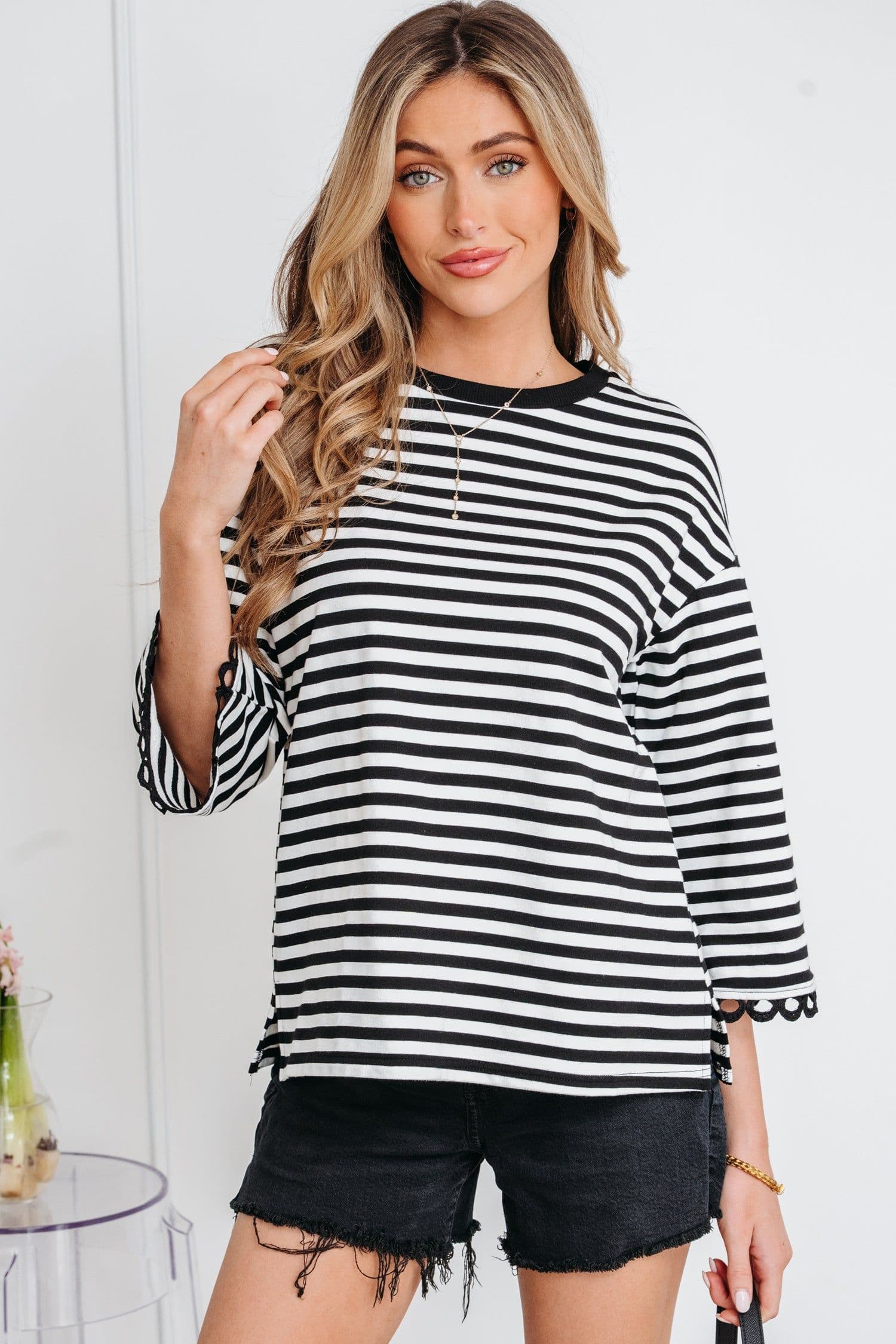 image-Sachet Pink Striped Print Drop Shoulder Lace Trim Bracelet Sleeve Loose Top