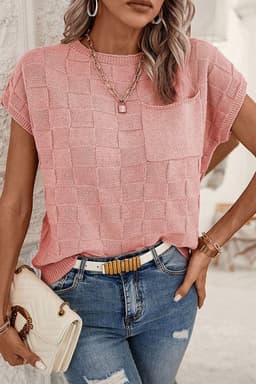 image-Pink Lattice Textured Knit Short Sleeve Sweater - Sizes S-3XL