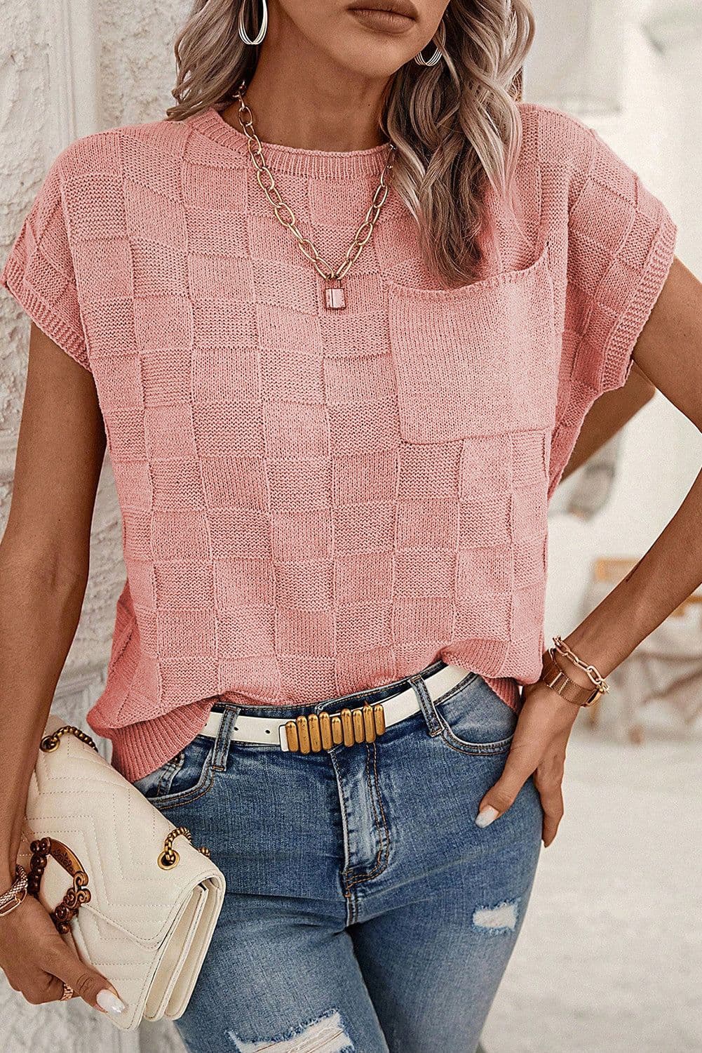 image-Pink Lattice Textured Knit Short Sleeve Sweater - Sizes S-3XL