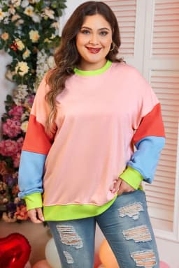 image-Light Pink Plus Size Colorblock Patchwork Crew Neck Sweatshirt