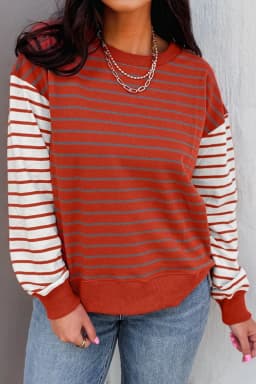 image-Orange Stripe Contrast Sleeve Patchwork Sweatshirt