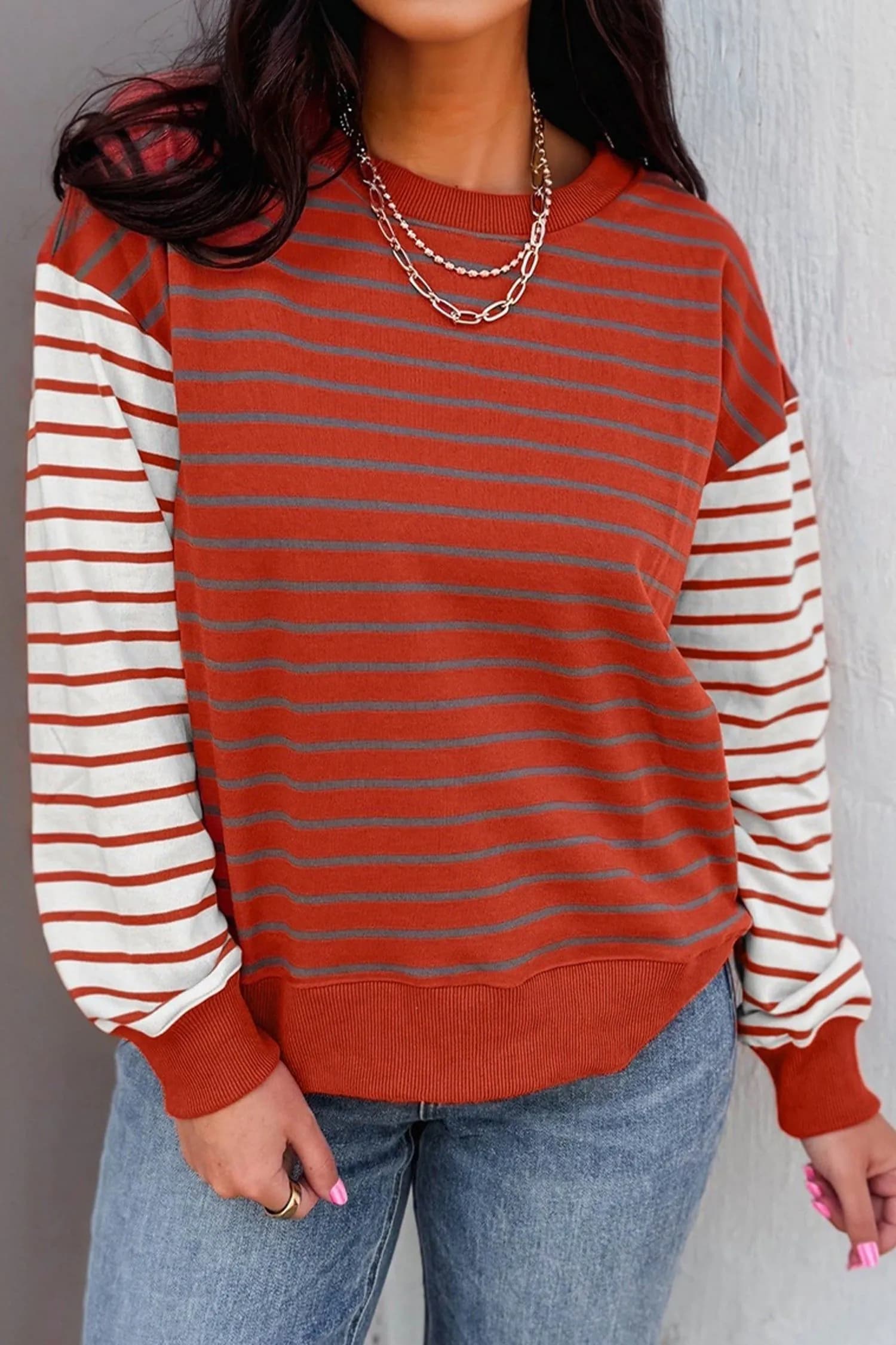 image-Orange Stripe Contrast Sleeve Patchwork Sweatshirt