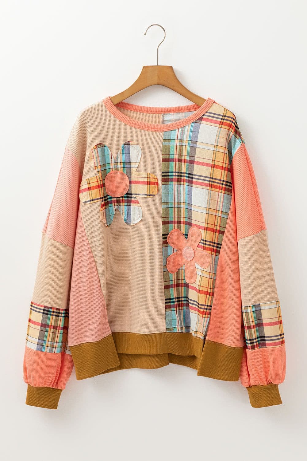 image-Plaid Patchwork Side Slits Loose Multicolour Sweatshirt
