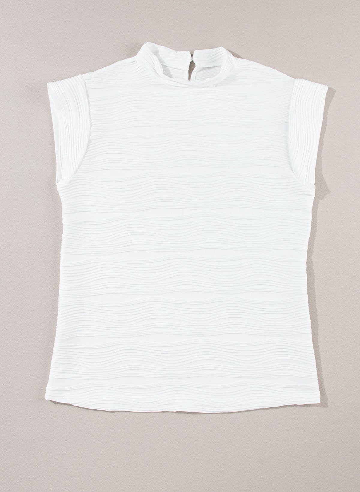 image-White Wavy Textured Mock Neck Cap Sleeve Top