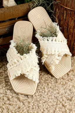 image-Woven Tassel Flat Slippers - Beige Crossed Straps