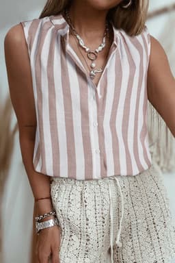 image-Khaki Stripe Casual Button Down Sleeveless Shirt