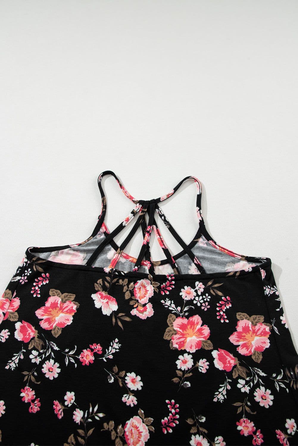 image-Black Floral Spaghetti Straps Strappy Back Tank Top