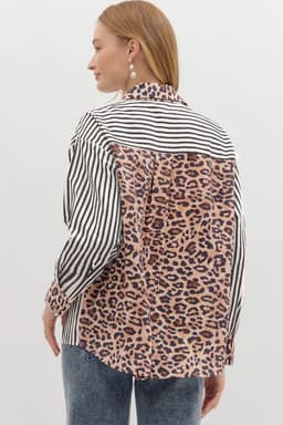 image-Black Striped Leopard Print Patchwork Button Up Womens Shirt