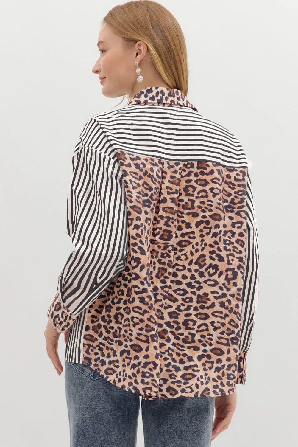 image-Black Striped Leopard Print Patchwork Button Up Womens Shirt