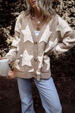 image-Sherpa Star Pattern Textured Cardigan - Khaki with Pockets