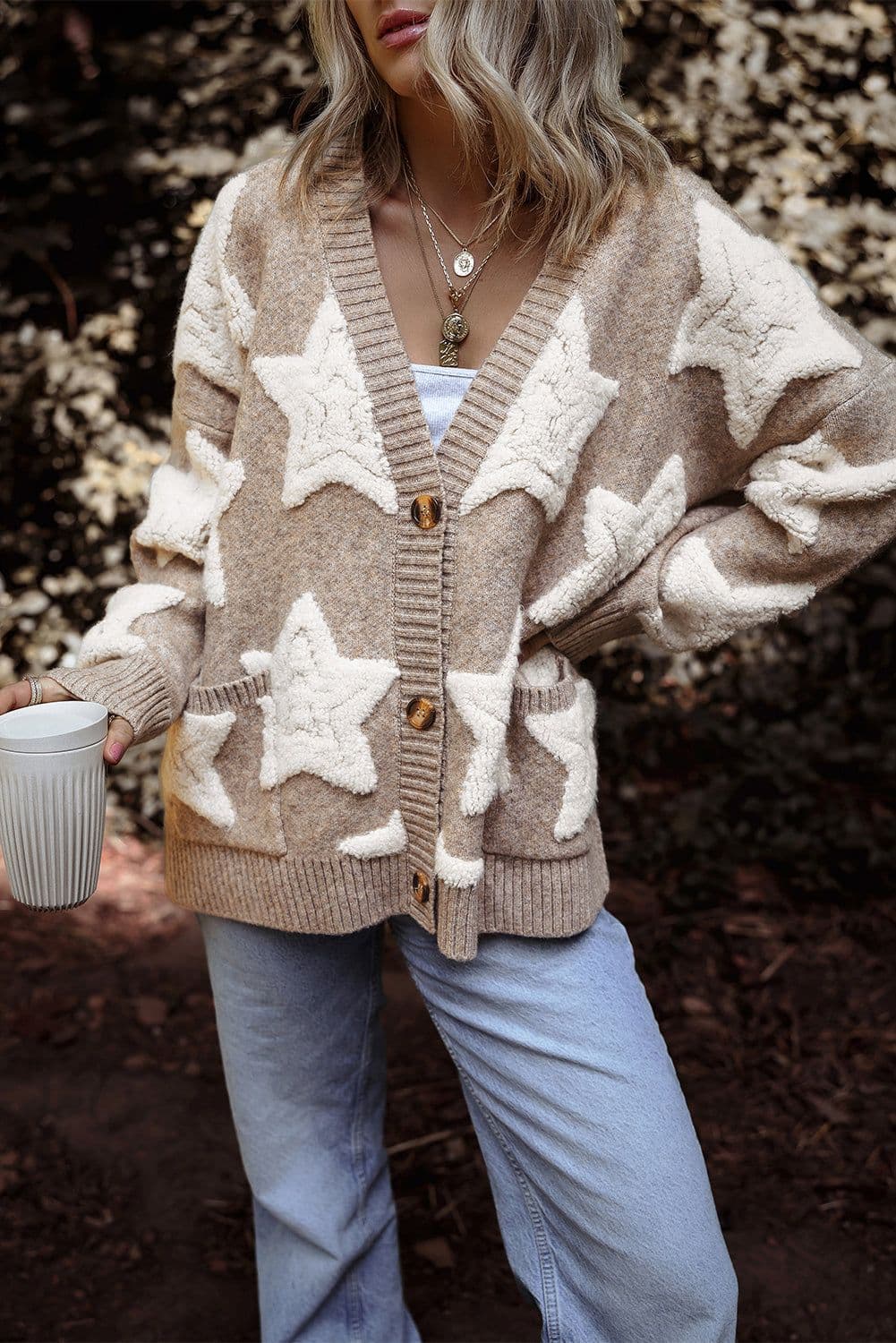 image-Sherpa Star Pattern Textured Cardigan - Khaki with Pockets