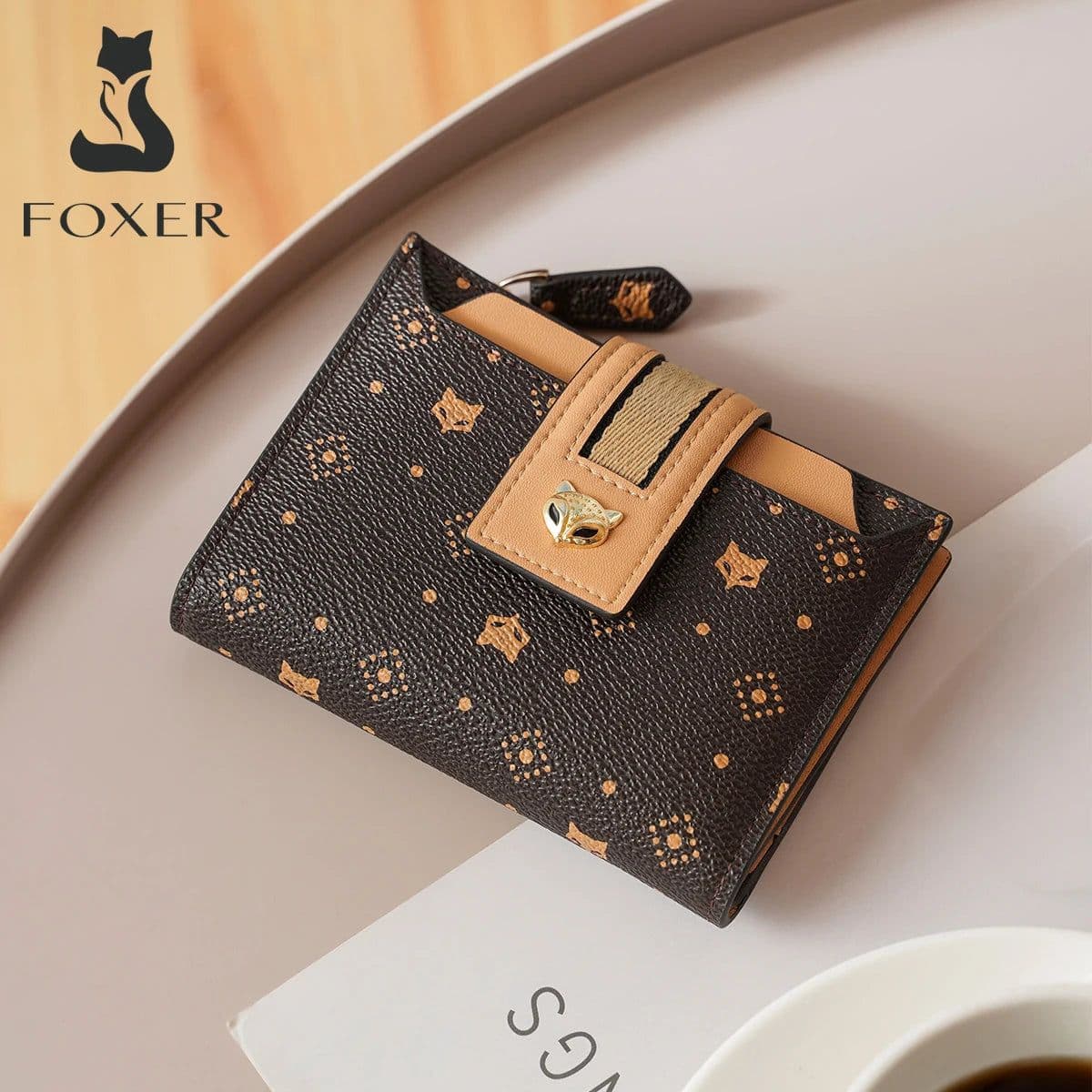 image-FOXER New Sign Monogram PVC Leather Wallet Lady Fashion Short Clutch Money Bags Women PU ID Card Holder Female Zipper Coin Purse