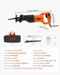 image-VEVOR Corded Reciprocating Saw, 120 Volt 6 Amp, 3000 SPM Variable Speed, 3/4 inch Stroke Length, Electric Reciprocating Saw with 8 Blades and Carrying Bag, for Wood, Metal, and Plastic Cutting