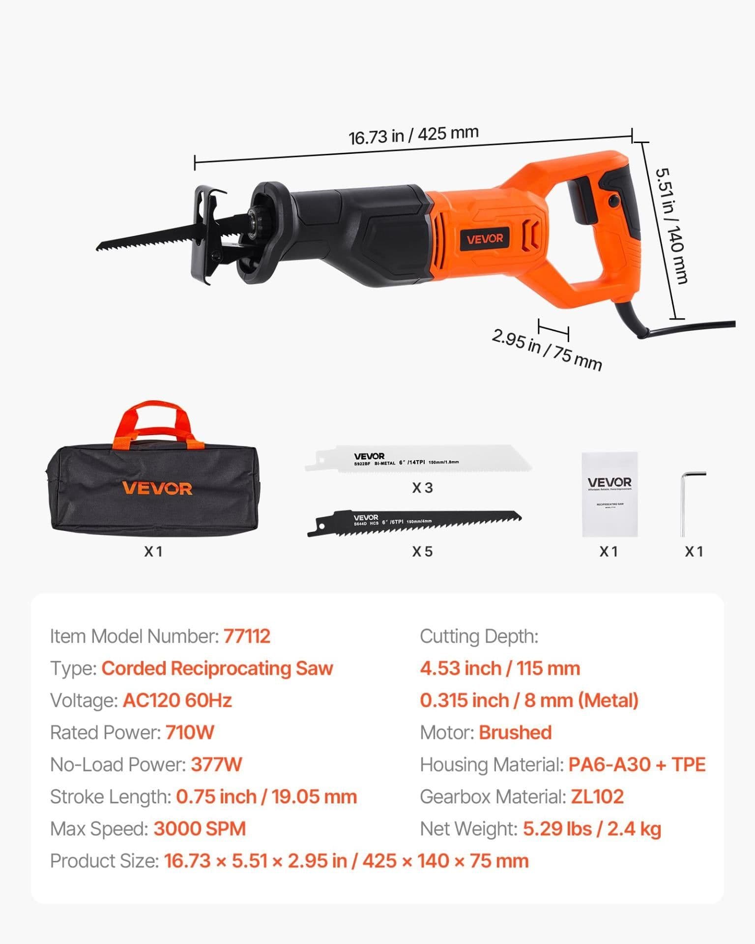 image-VEVOR Corded Reciprocating Saw, 120 Volt 6 Amp, 3000 SPM Variable Speed, 3/4 inch Stroke Length, Electric Reciprocating Saw with 8 Blades and Carrying Bag, for Wood, Metal, and Plastic Cutting