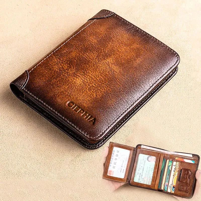 image-Genuine Leather Rfid Protection Wallets for Men Vintage Thin Short Multi Function ID Credit Card Holder Money Bag