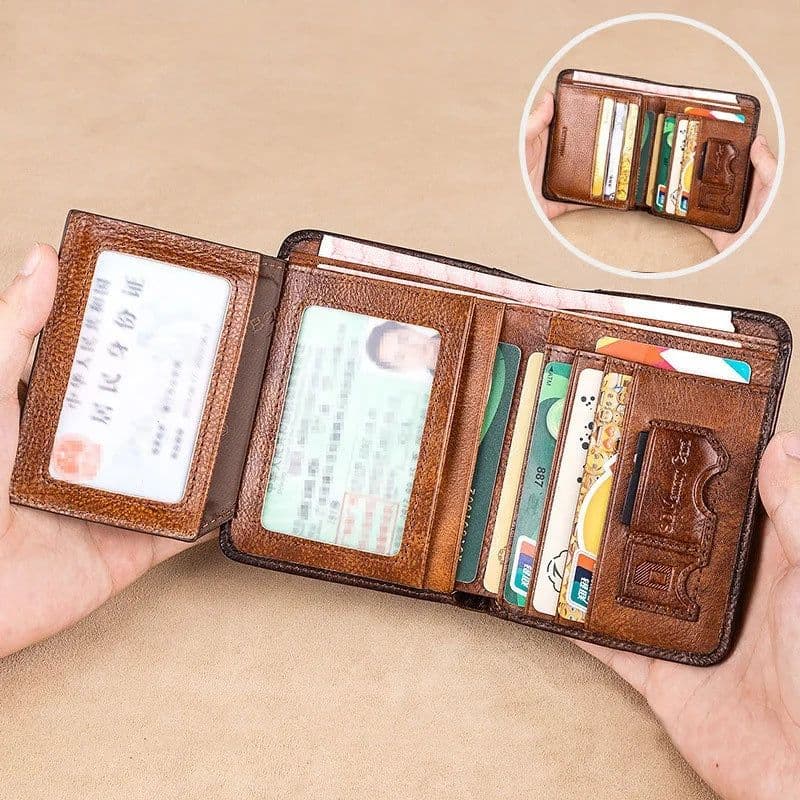 image-Genuine Leather Rfid Protection Wallets for Men Vintage Thin Short Multi Function ID Credit Card Holder Money Bag