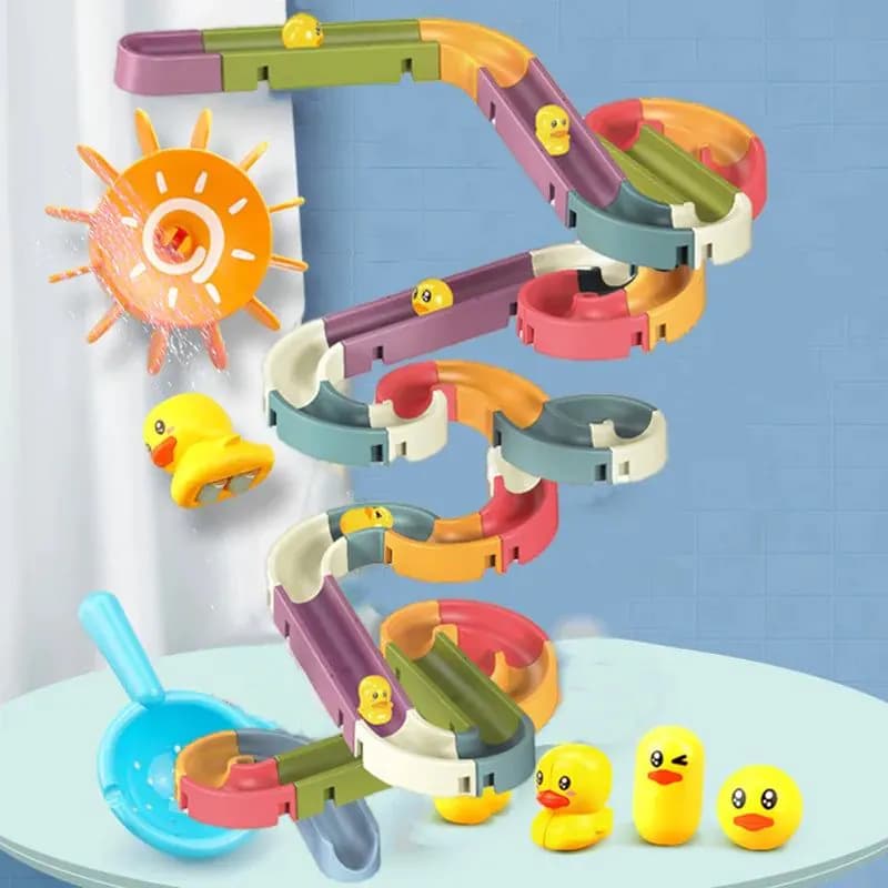image-Baby Bath Toys DIY Marble Race Run Assembling Track Bathroom Bathtub Kids Play Water Spray Toy Set Stacking Cups For Children
