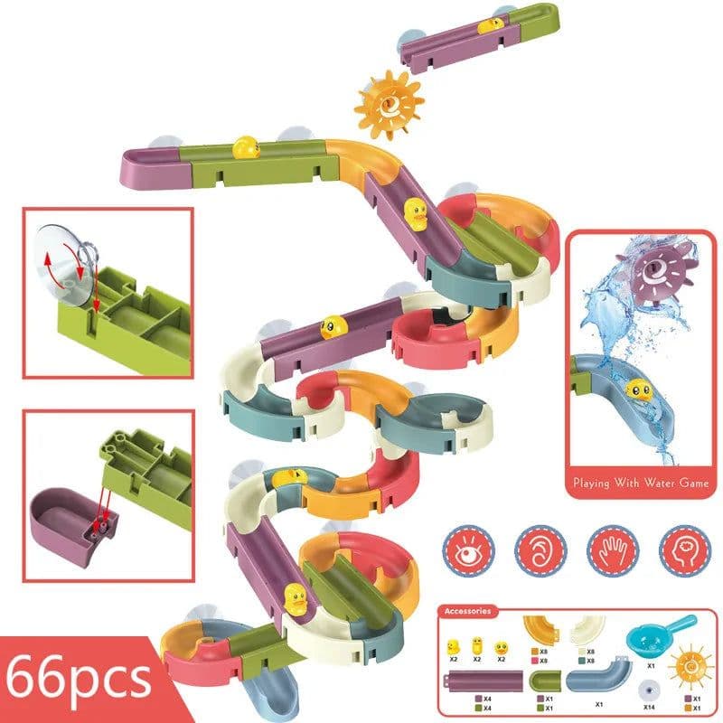 image-Baby Bath Toys DIY Marble Race Run Assembling Track Bathroom Bathtub Kids Play Water Spray Toy Set Stacking Cups For Children