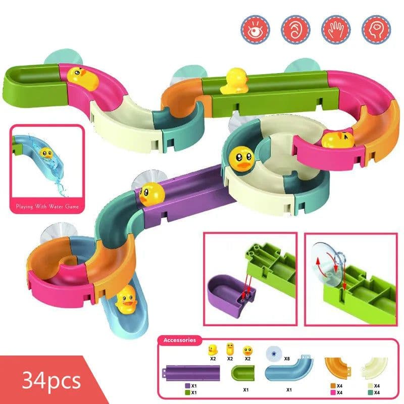image-Baby Bath Toys DIY Marble Race Run Assembling Track Bathroom Bathtub Kids Play Water Spray Toy Set Stacking Cups For Children