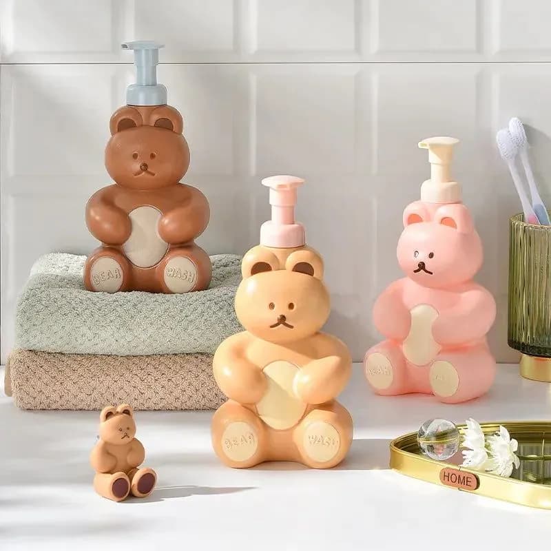 image-Cartoon Bear Foaming Soap Dispenser Bathroom Hand Sanitizer Shampoo Shower Gel Refillable Pump Bottle Making Foam Container