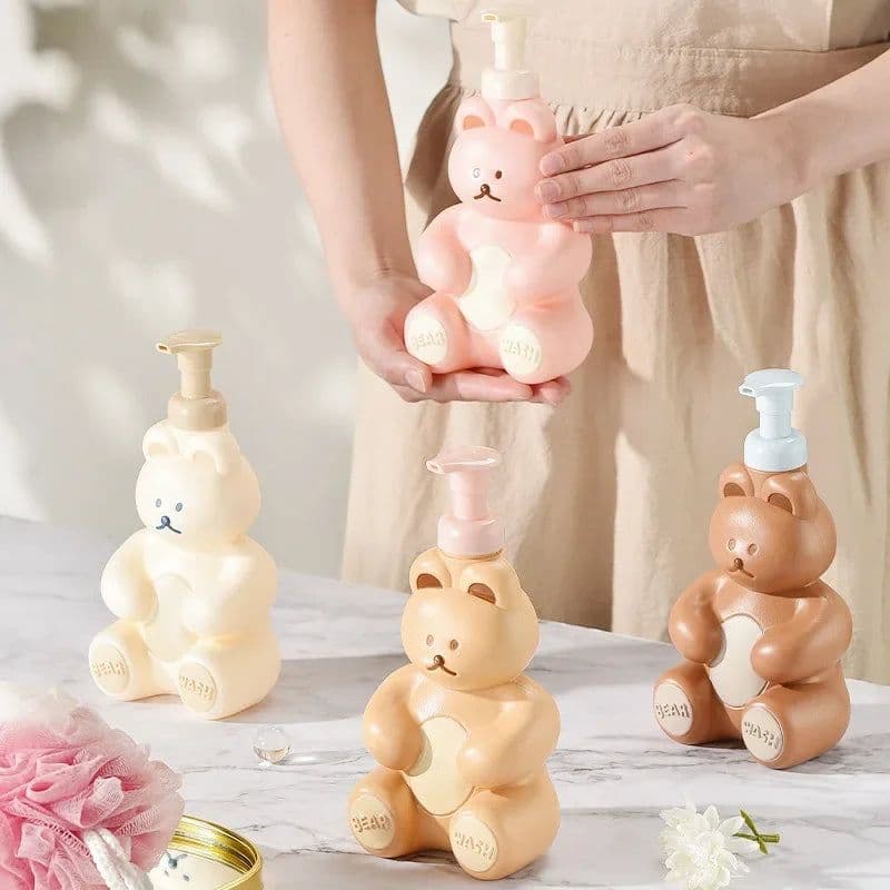 image-Cartoon Bear Foaming Soap Dispenser Bathroom Hand Sanitizer Shampoo Shower Gel Refillable Pump Bottle Making Foam Container