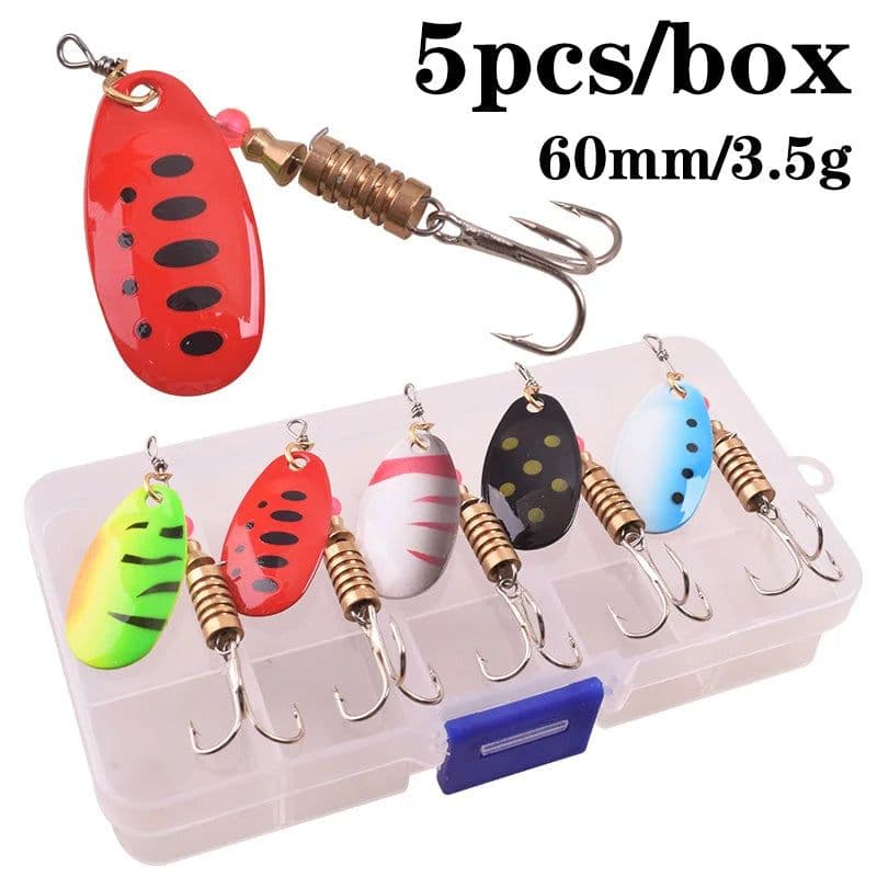 image-5PC Boxed Rotating Spoon Kit Lure Fishing Lures Artificial Baits Metal Fish Hooks Bass Trout Perch Pike Rotating Sequins