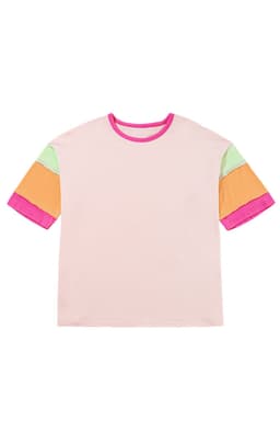image-Pink Color Block Stitching Sleeve Round Neck Oversize Top