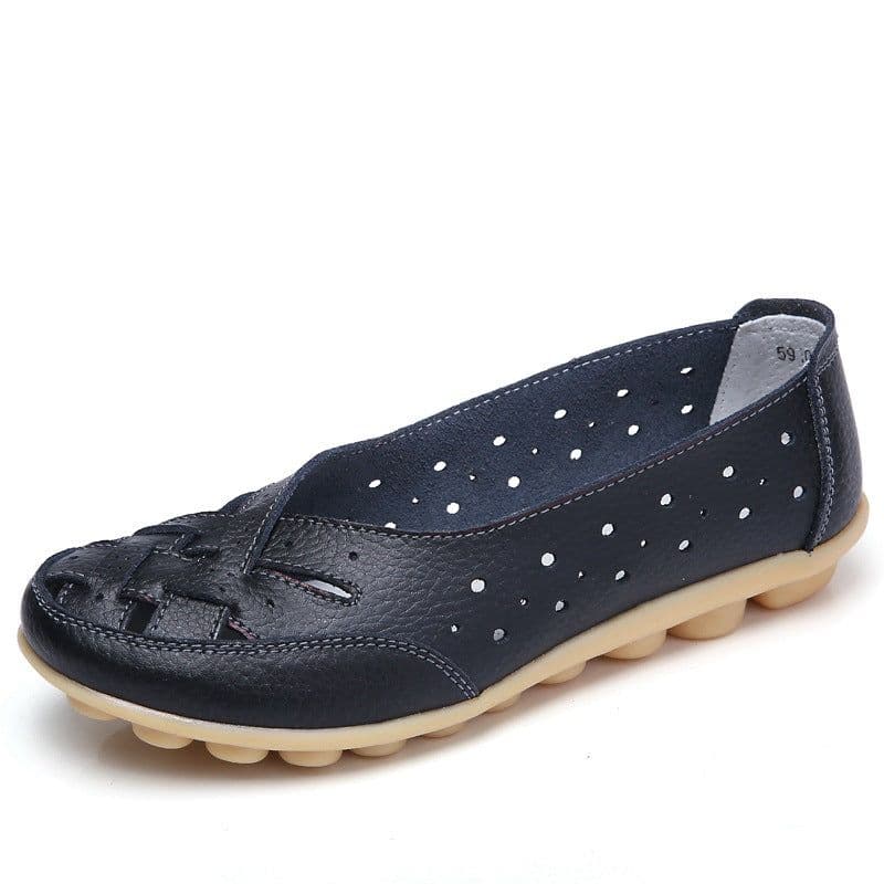 image-Women's Leather Slip-On Shoes - Khaki Flat Heel