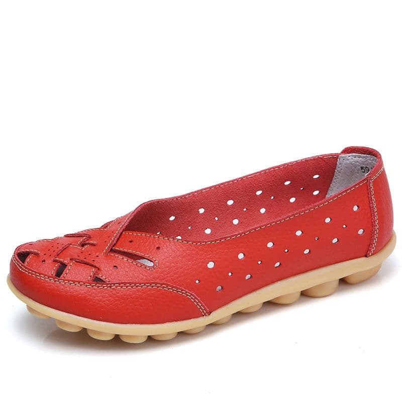 image-Women's Leather Slip-On Shoes - Khaki Flat Heel