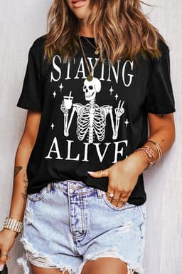 image-Funny Skeleton Print Round Neck T-Shirt - Black, Sizes S-2XL